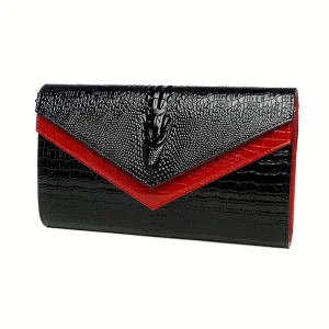 pochette femme en cuir alligator noire et rouge
