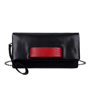 pochette femme en cuir serpent noir et rouge